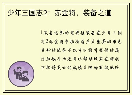 少年三国志2：赤金将，装备之道