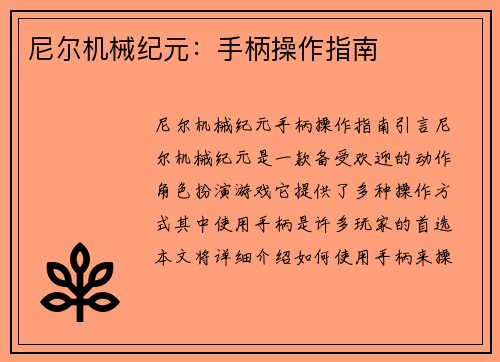 尼尔机械纪元：手柄操作指南
