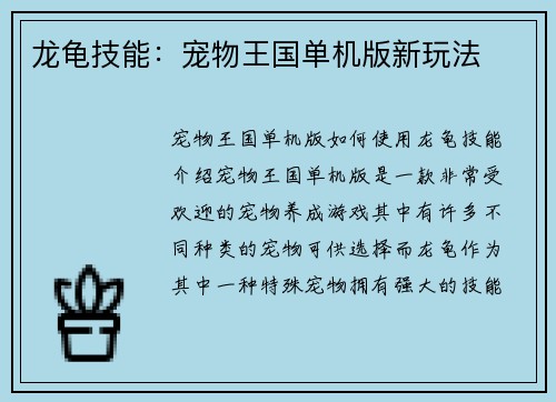 龙龟技能：宠物王国单机版新玩法