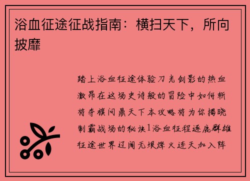浴血征途征战指南：横扫天下，所向披靡